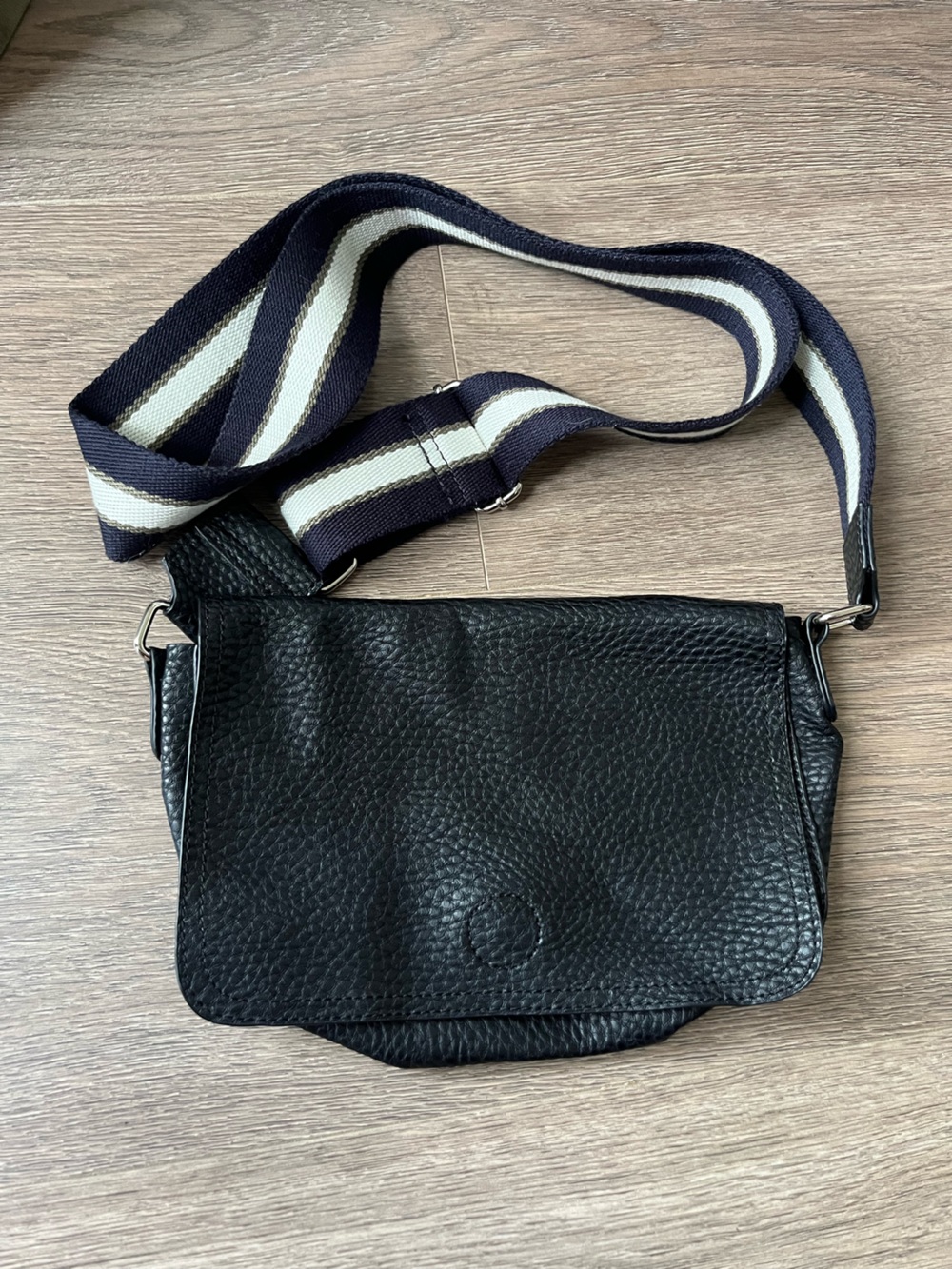 Barneys New York Bag Black Leather Crossbody with Striped Navy & Cream Strap
